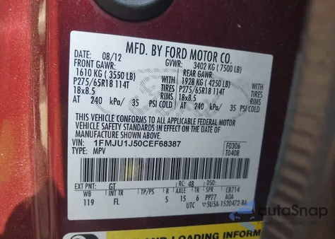 2012 Ford Expedition Xlt from USA, damaged, VIN 1FMJU1J50CEF68387